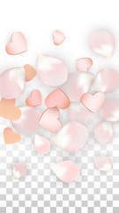 Vector Realistic Petals and Hearts Confetti. Flying Sakura and Hearts on Transparent Background. Wedding Invitation Background. Spring Romance Poster. Vector Illustration for Anniversary Design.