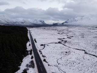 Over view of a road through a winter landscape.