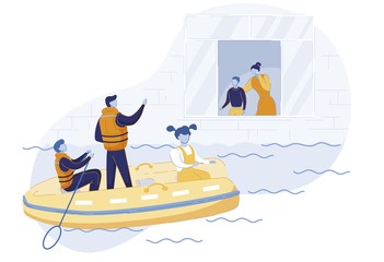 Rescuers near Flooded House Vector Illustration. Rescue Team in Inflatable Boat Saving Woman with Children Cartoon Characters. Emergency Service Workers Helping Natural Disaster Victims