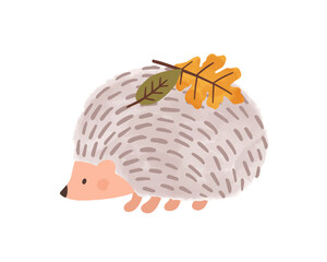 Cute cartoon hedgehog with leaves on needles vector flat illustration © Good Studio