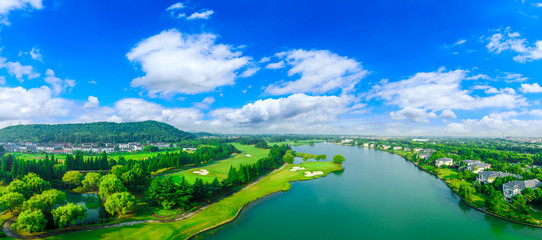 Aerial view of a beautiful green golf course in Shanghai,panoramic view.