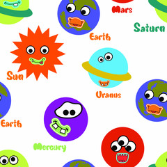 Solar system seamless pattern. Funny planets with funny faces. Cartoon style white background, isolation. Stock illustration. Suitable for decoration of a children's room, wallpaper, wrapping paper