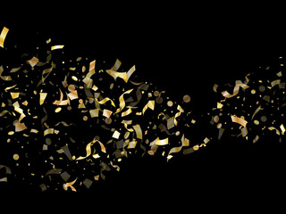 Holiday realistic gold confetti flying on black background.