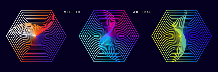 Set of Colorful Hexagonal Graphic Elements on Dark Background. Abstract Optical Illusion Vector Symbols.
