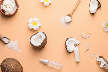 Composition with different coconut products on color background