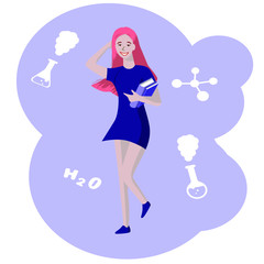 A chemistry student with books goes to class. Beautiful smiling girl in College. Illustration in flat style.