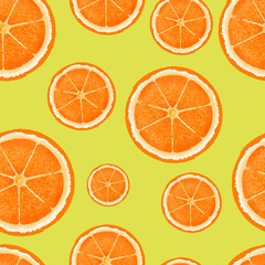 Background of half cut oranges on orange background. Bright summer background. Orange Fruits seamless pattern. Oranges texture design for textiles, wallpaper, fabric