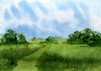 Watercolor landscape, spacious view with trees up to the horizon.