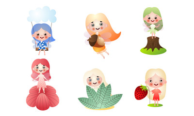 Little fairy girls with wings doing different things vector illustration