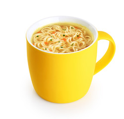 Hot cup of instant chicken noodle soup isolated on white background.