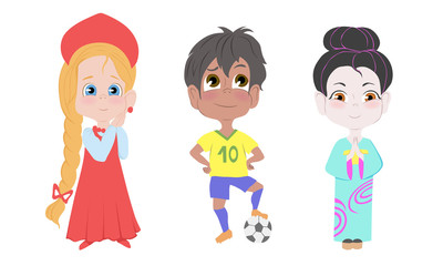 Men and women wearing various national costumes vector illustration