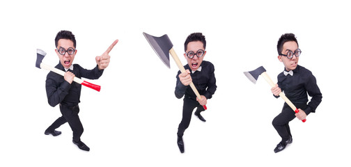 Funny man with axe on white