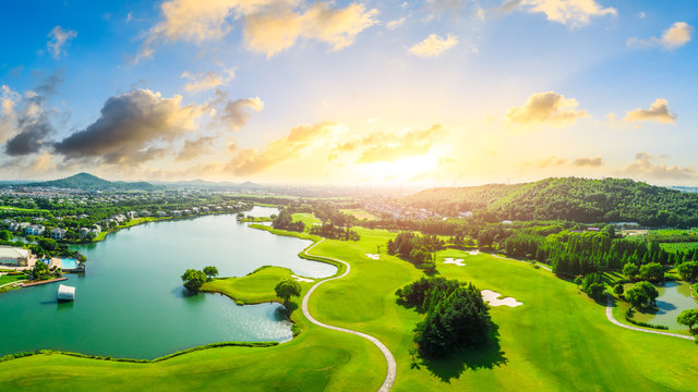 Aerial view of a beautiful green golf course in Shanghai,panoramic view.
