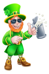 A Leprechaun St Patricks Day cartoon character mascot wearing cool sunglasses holding a drink and pointing