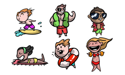 Happy children in swimwear enjoying active summer lifestyle vector illustration