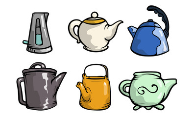 Different shapes and colors of teapots with tea vector illustration