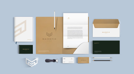 Stationery mockup vector set. Corporate identity premium branding design. Template for business and respectable company. Folder and A4 letter, visiting card and envelope based on minimal brown logo. - obrazy, fototapety, plakaty