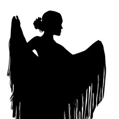 Woman in long dress stay in dancing pose. flamenco dancer, spanish. beautiful female profile black silhouette Isolated on white background. Vector