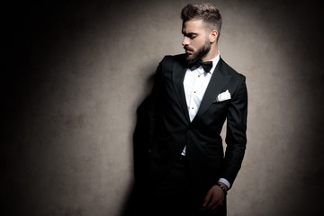 elegant fashion man in tuxedo posing in a fashion light