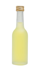 Small bottle with yellow liquid on a white background. Looks like Russian vodka