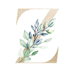 Fototapeta na wymiar Golden letter Z with watercolor leaf. Floral monogram initials perfectly for wedding invitations, greeting card, logo, poster and other design. Holiday design, alphabet hand painting.