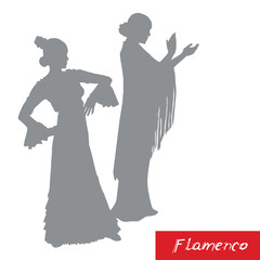 Women in long dress stay in dancing pose. flamenco dancer, spanish. beautiful female profile gray silhouette Isolated on white red background. Vector