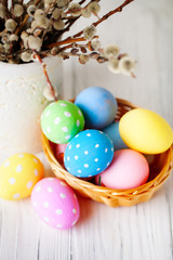 Happy Easter. Congratulatory easter background. Easter eggs and flowers. Background with copy space. Selective focus.