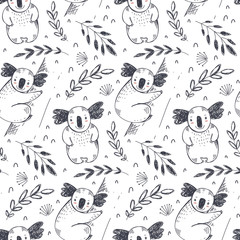 Vector seamless pattern with hand drawn koala animals and plants. Black and white endless background. © Andrei