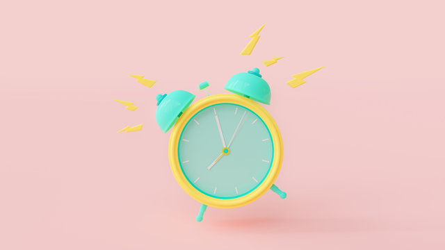 Alarm clock green and yellow color with clipping path on the pink. Alarm at 08.00.  pastel background. 3D Render.