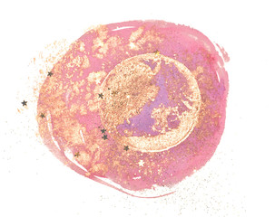 Glitter on abstract golden and pink watercolor stains, shiny round frame on white background