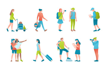 Fototapeta na wymiar Turists at vector flat illustration set. Travellers at the airport are photo shooting, carrying luggage and holding the travel map. Concept set of globetrotter people on a white background.