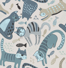 Vector seamless pattern with cute cats in simple flat style.