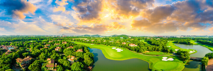 Aerial view of a beautiful green golf course in Shanghai,panoramic view.