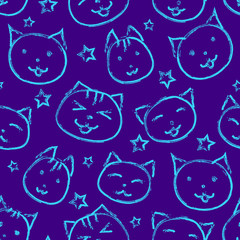 Smiling cat with stars on purple background. Seamless pattern.