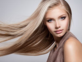 Beautiful young woman with long straight white hair - obrazy, fototapety, plakaty
