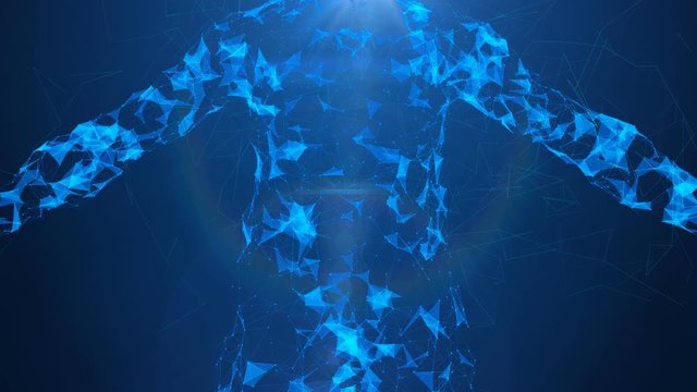 Volumetric 3d rendering of a male body looking like a hologram from white stripes and spots rotating around in the light blue background.