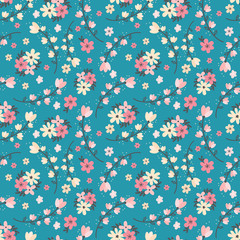 Abstract flower hand drawn vector seamless pattern. Blooming pink and yellow flowers and leaves botanical background, backdrop. Garden blossoms texture. Floral retro textile, fabric, wrapping paper.
