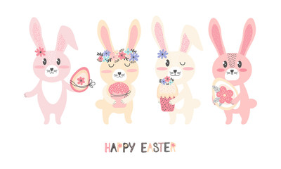 Cute Bunnies with Easter cake and egg. Horizontal greeting card or banner in Scandinavian hand drawn style. Funny little cartoon rabbit. Happy Easter. Flat vector illustration. Holiday decoration.