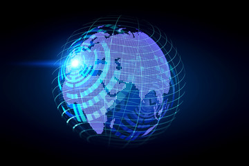 Illustration of world globe hologram drawing on dark background. The concept of international connections. 3d rendering