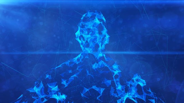Inspiring 3d rendering of a powerful male body looking like a see-through graphic picture from white lines and dots turning slowly in the blue background