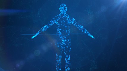 Hi-tech 3d rendering of a man body looking like a hologram from white fluid lines and plexuses turning around in the light blue background.