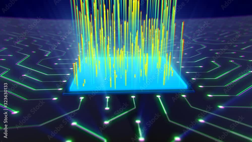 Poster impressive 3d rendering of a turning around square cpu with beaming up yellow rays. it is located on