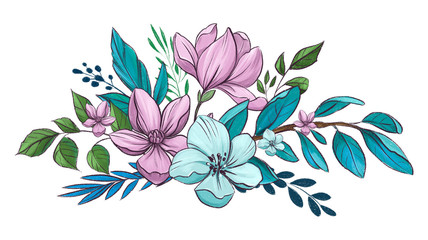 Floral decorative composition. Pencil illustration for wedding or greeting card.