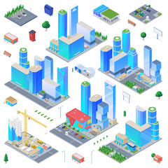 Isometric city scene generator creator vector design objects illustration. Skyscrapers shopping mall buildings construction cars vehicles street objects collection
