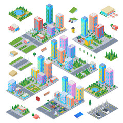 Isometric city scene generator creator vector design objects illustration. Condominium skyscrapers apartment houses buildings cafe lake cars vehicles street objects collection