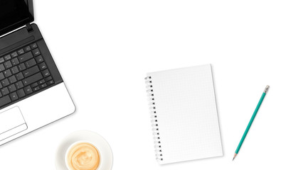 Top view office table desk, mobile phone, laptop, notebook, pencil, wireless headphones, and coffee cups on a white background.