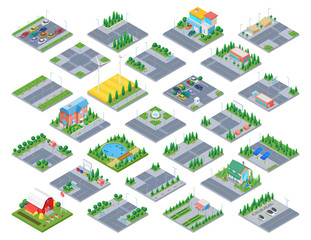 Countryside Road Isometric scene generator city creator vector design objects illustration. Cottage Private residence buildings park cafe cars street objects collection.