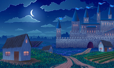 Vector illustration. Medieval castle with agricultural fields and village among rural landscape at night.