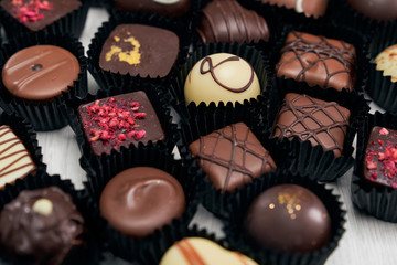Collection of chocolate candies in different form and taste