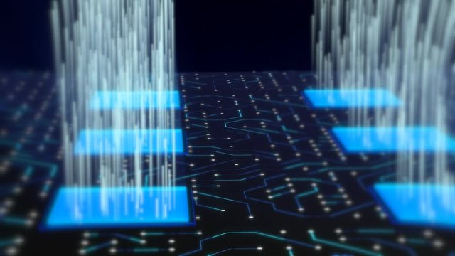 Striking 3d rendering of three lines of square blue microchips with pulsing white rays. They are placed askew on the board with crisscross electronic lines.